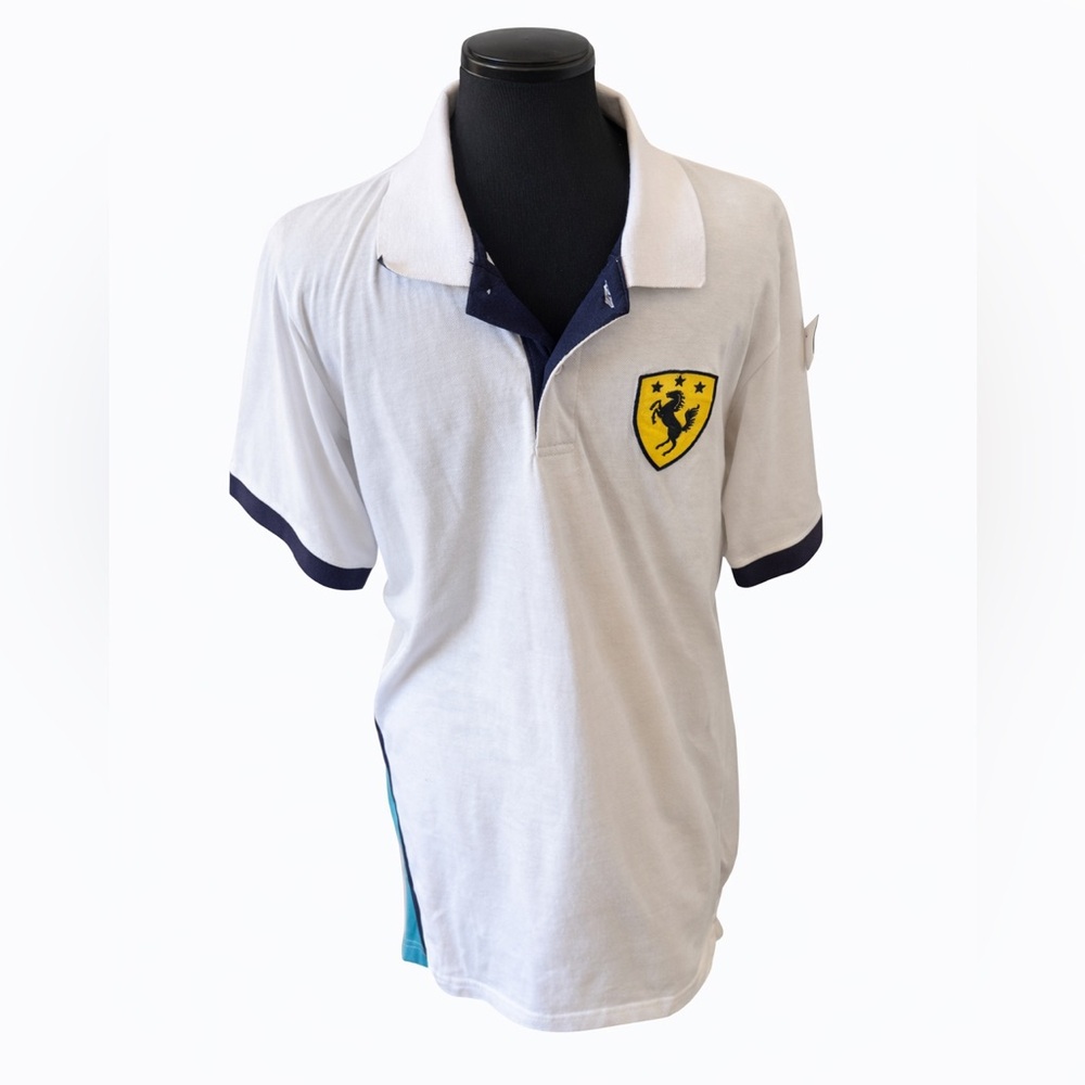 Franky Max Ferrari Logo White Navy Trim Polo Shirt Men’s M